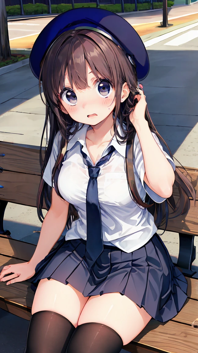 A woman taking a photo, A shy smile, Happy, Long Hair, Straight hair, Fine skin, Beautiful Hands, Beautiful fingers, Wearing a beret, tie, Short sleeve blouse, Pleated skirt, Thighs, Absolute area, Knee socks, Daytime, Hot summer day, School, Schoolyard, Sitting on a bench, Canned juiceを持っている, Natural light, Detailed face:1.2, Sharp focus, Hasselblad Photos, masterpiece, light makeup, Cinema Lighting, 4K, Highest quality, Sharpness, Anime Style, whole body, Canned juice, 