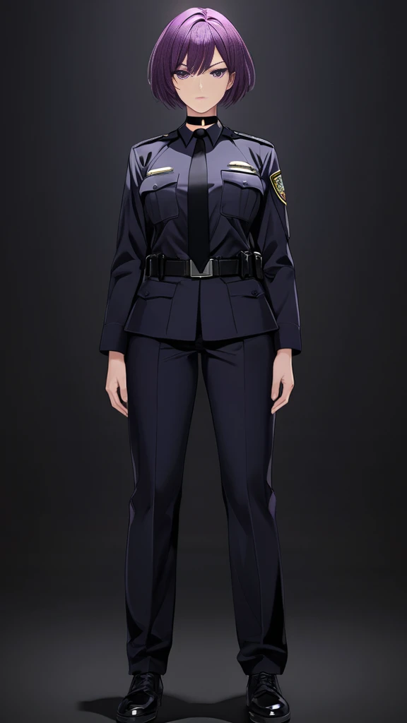 High-resolution anime digital art, Masterpiece, tomboy, mature, sexy, smart, short hair color pitch black, real detail eyes pupil purple, Wear Black FBI Uniforms, black chokers, Serious face, Full Body, Alone, (Black Backgrounds:1.1)