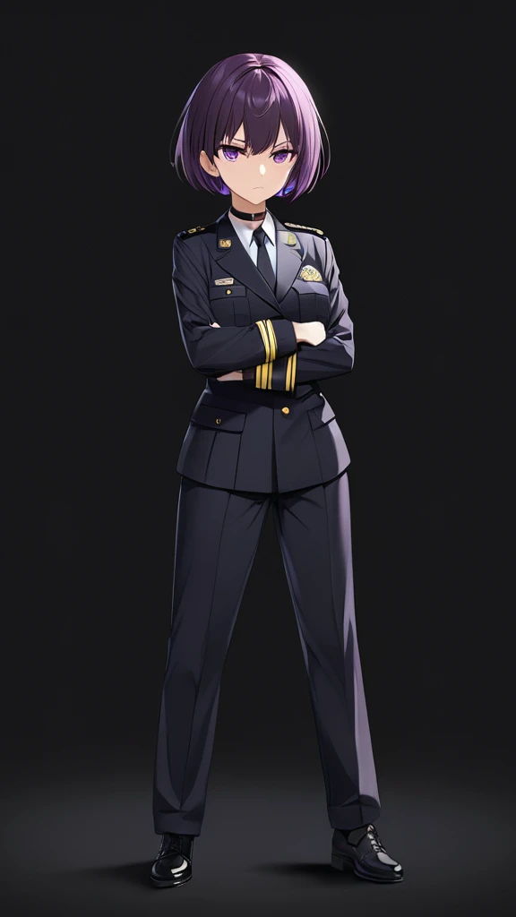 High-resolution anime digital art, Masterpiece, tomboy, mature, sexy, smart, short hair color pitch black, real detail eyes pupil purple, Wear Black FBI Uniforms, black chokers, Serious face, Full Body, Alone, (Black Backgrounds:1.1)