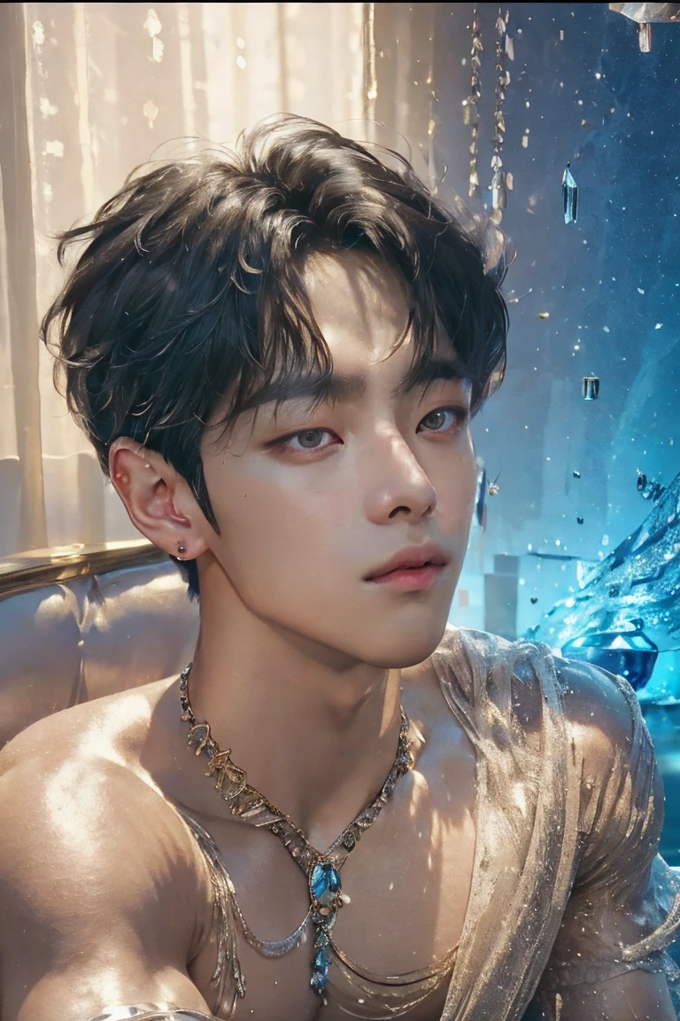 (photorealistic, masterpiece, best quality, highres, highly detailed), a young and handsome man posing nude surrounded by crystal, personification of crystal as a man, 18-year-old man, nude, penis, vibrant colors, realistic lighting, sparkling reflections, radiant and transparent skin, slim athletic physique, intense gaze, striking features, well-defined jawline, tousled hair, confident and relaxed posture, artistic composition, elegant and graceful pose, captivating and alluring expression, the man's body covered with delicate and intricate crystals, creating a mesmerizing and ethereal effect, immaculate attention to detail, flawless rendering of textures, harmonious blend of realism and fantasy, incredible depth and dimension, attention-grabbing contrast between the smoothness of the man's skin and the texture of the crystals, seamless integration of the human form with the crystal surroundings, evoking a sense of grace, beauty, and mystery, powerful symbolism of purity and strength embodied by the crystal elements, expert use of shadows and highlights to enhance the three-dimensional quality of the image, masterful use of color to create a dreamlike atmosphere, refined and subtle nuances of light and shade, creating a visually stunning and emotionally impactful scene, exquisite craftsmanship and skillful execution, capturing the essence of both the human form and the ethereal beauty of crystals, creating an unforgettable and awe-inspiring visual experience.