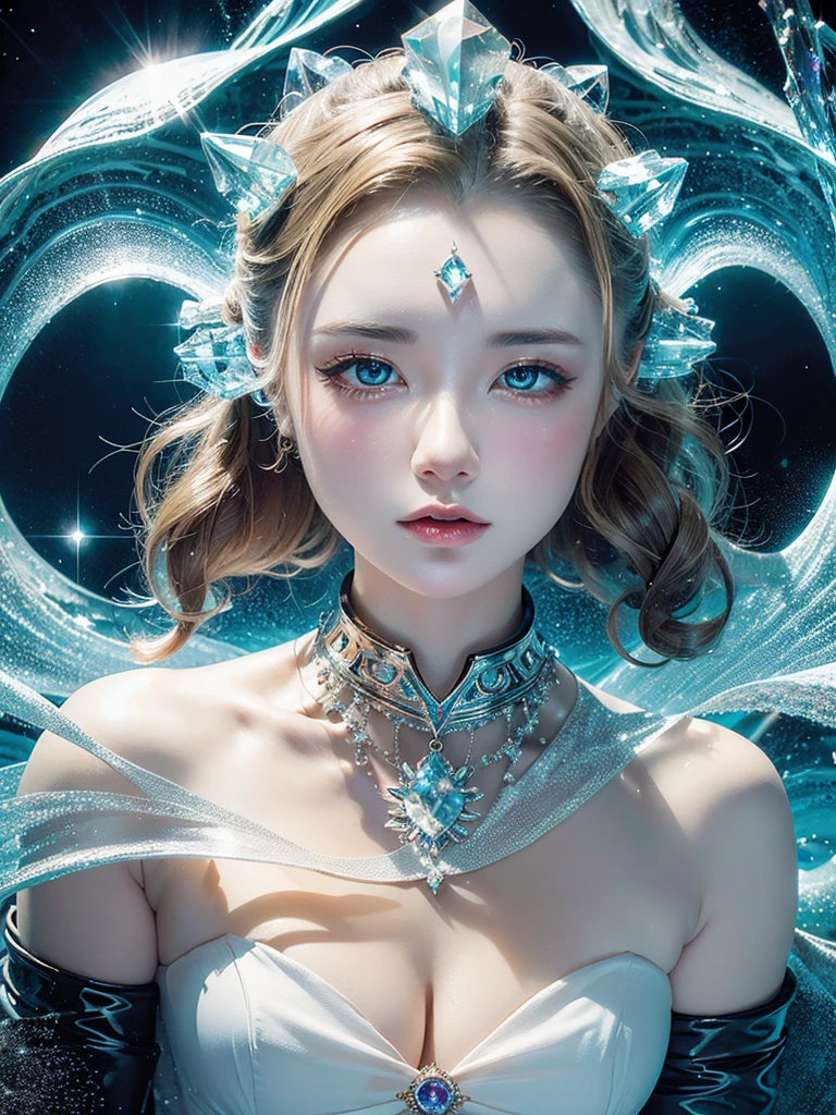 Painting of beautiful young woman,jewelry,Mysterious Wave. 3d. white,shallow. The beauty of cosmic fusion. Nebula Reflection Surrealism. Glass texture,translucent,crystallization