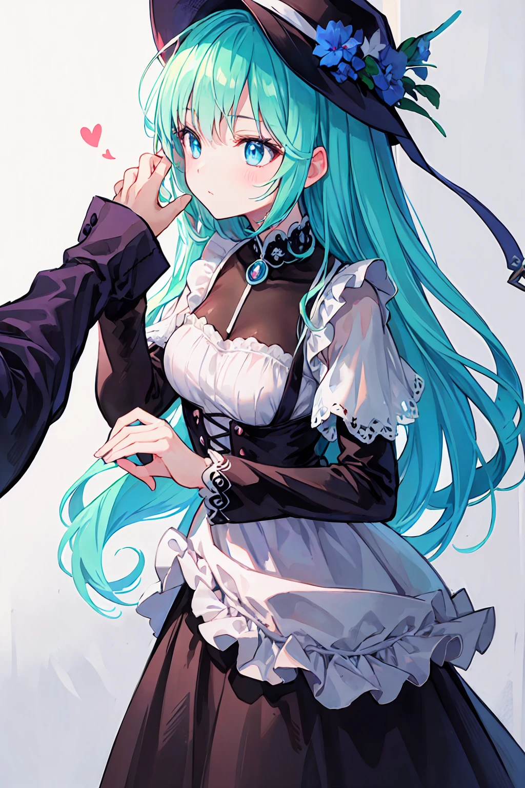 Bright colors, Beautiful Style, High quality illustrations, Position of hand holding woman&#39;s chin, Elegant painting, Detailed illustrations of clothing and facial features.