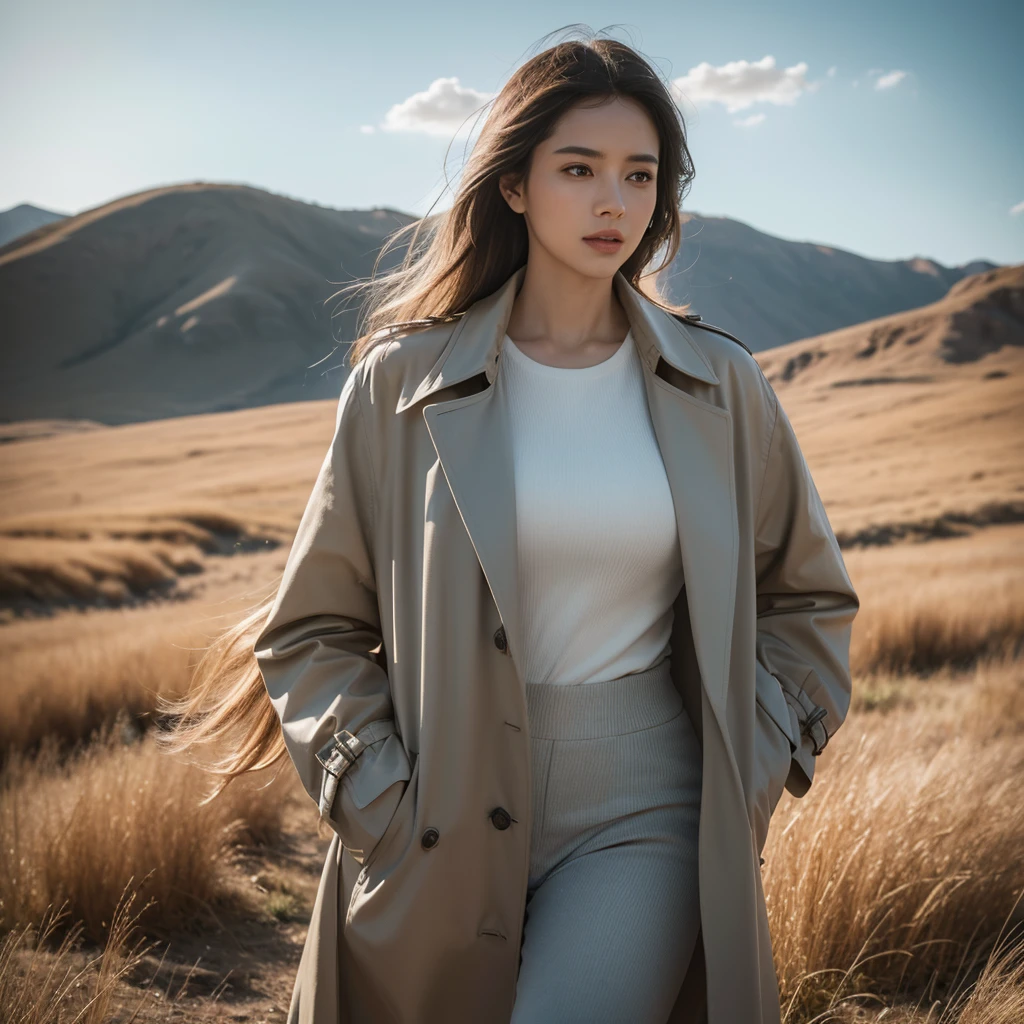 A woman standing in a field of tall, dry grass, blue sky and clouds in the background, wearing a trench coat and holding stalks of grass, aesthetically composed, contrast between natural setting and stylish clothing, detailed portrait, beautiful eyes and lips, highly detailed, cinematic lighting, muted color palette, photorealistic, 8k, (best quality,4k,8k,highres,masterpiece:1.2),ultra-detailed,(realistic,photorealistic,photo-realistic:1.37),HDR,studio lighting,extreme detail description,professional,vivid colors,bokeh,portrait