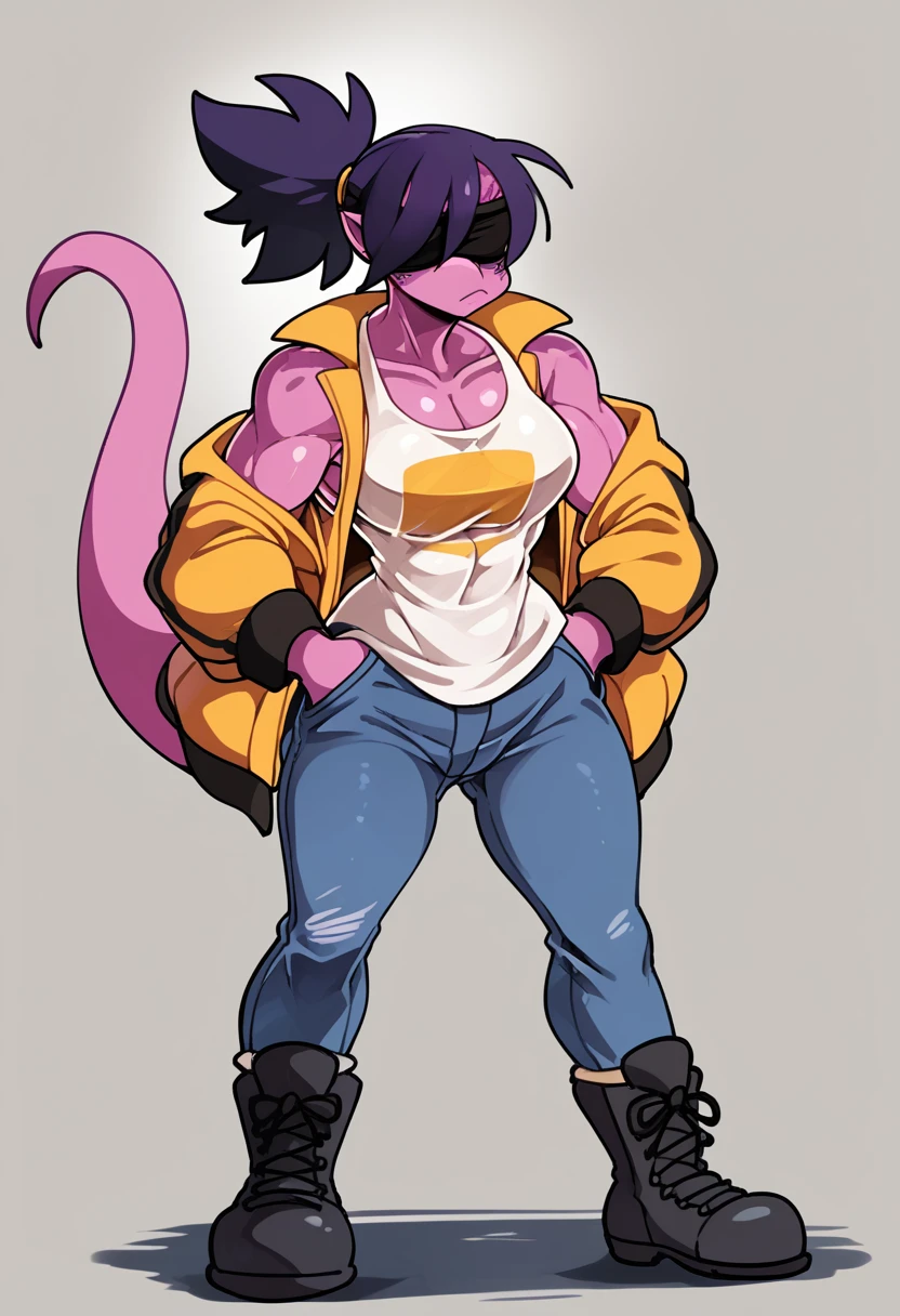 This type of art is characterized by its digital approach with a clean and polished finish., typical of cartoons or comics. A female figure with purple skin, both eyes covered by hair, cabelo ponytail, musclegirl, breasts big, Tank top shirt, Black jacke, jeans, large boots, Pink skin, lizard snout, lizard snout. jaket, big jacket, straight pose, serious look, not eyes, serious look, hands in pockets, unglued, bad boy.