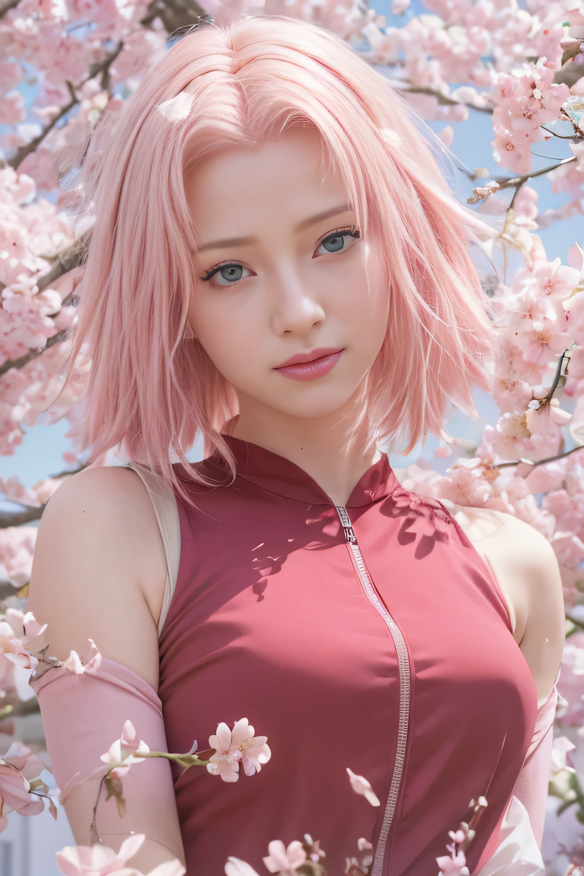 masterpiece, best quality, (realistic,photo-realistic:1.4), (RAW photo:1.2), extremely detailed CG unity 8k wallpaper, delicate and beautiful, amazing,finely detail, official art, absurdres, incredibly absurdres, huge filesize, ultra-detailed,extremely detailed eyes and face,light on face,little smile,(pink hair:1.4),short hair,(wearing red shirt:1.4),green eyes,garden,sakura haruno