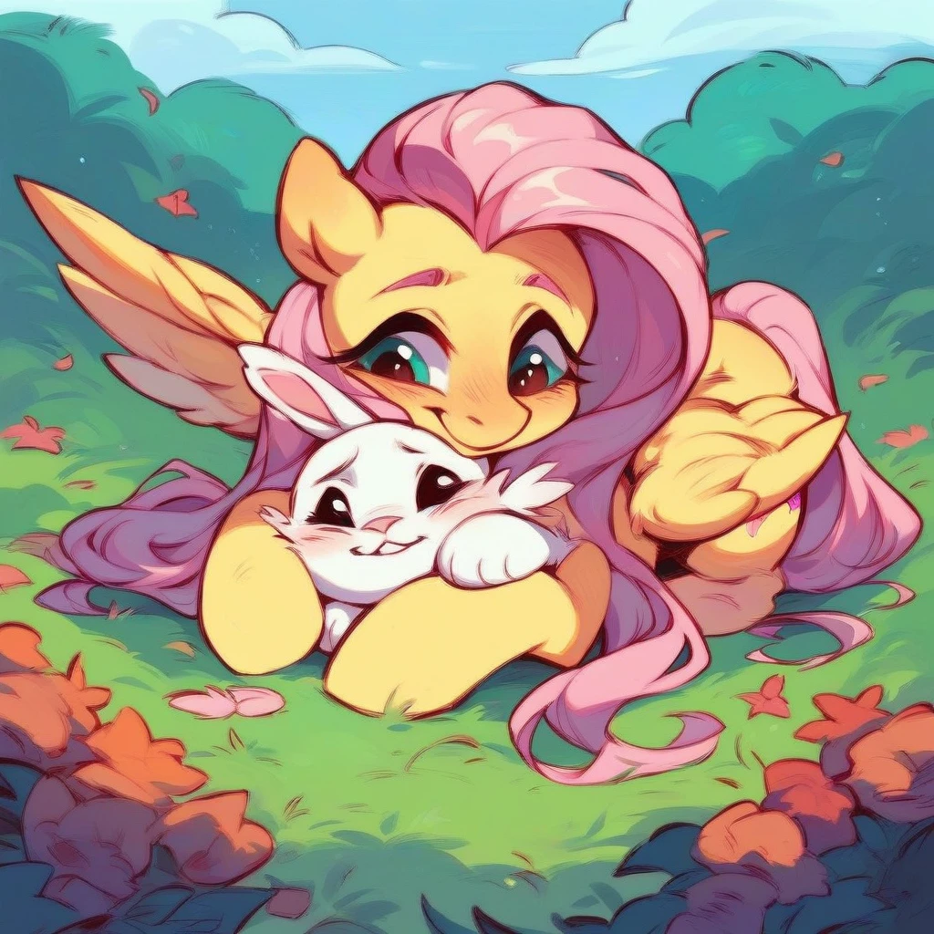 Pegasus Pony Fluttershy, sitting on the lawn in the backyard, hugging your little bunny Angel with a smile and sweet look