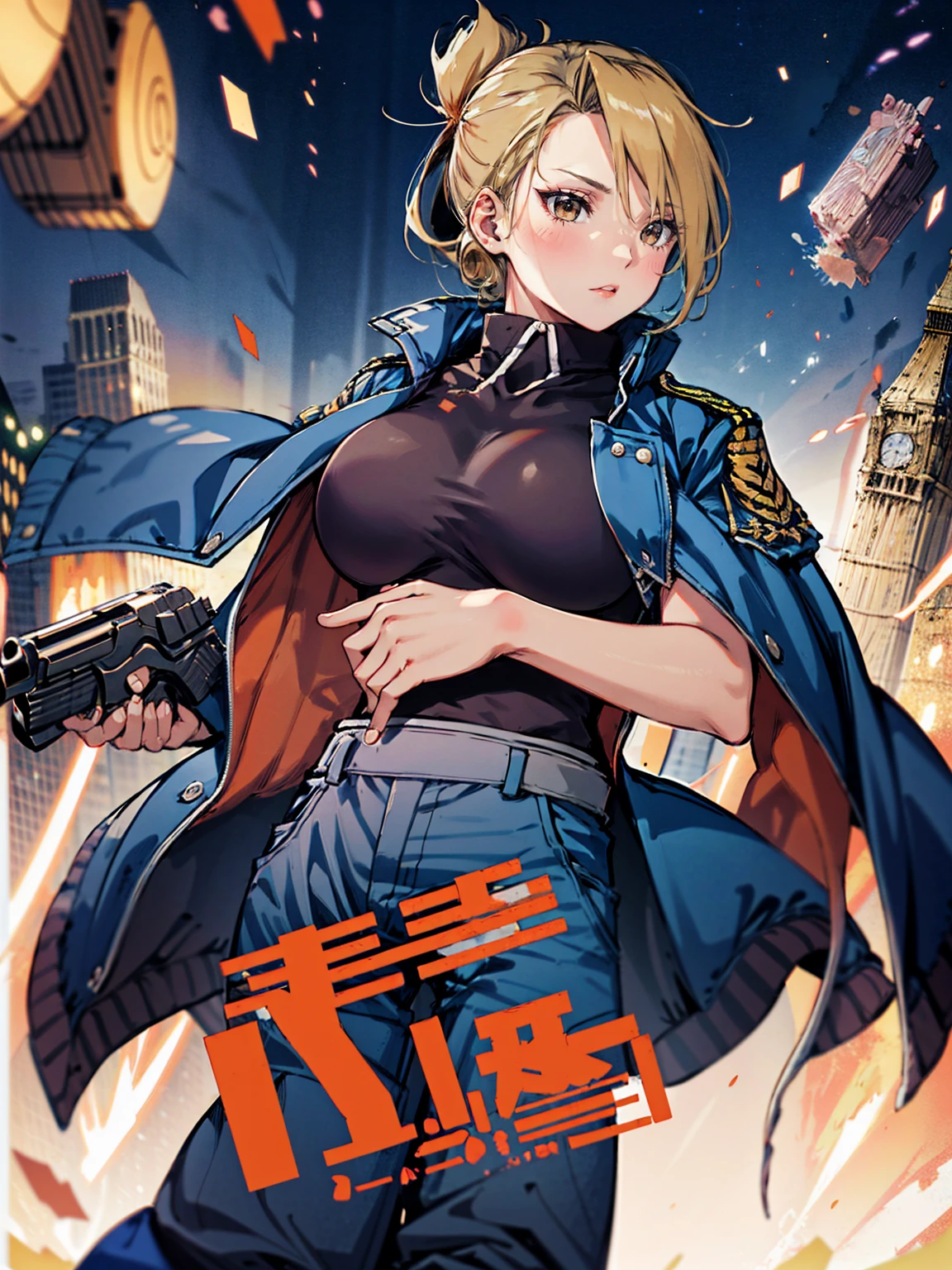 masterpiece, Highest quality, High resolution, One girl, (Blue jacketの下にBlack innerwearを着ている), Folded ponytail, Brown eyes, , uniform, Blue jacket, Blue pants, ,Big Breasts, Black innerwear, blush, Ready your gun?
