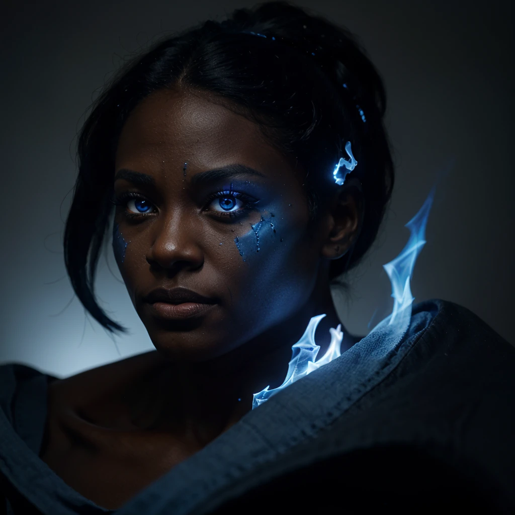 1 creature consisting of black material, human physique, with blue flames instead of hair, with one eye on the whole face, with gloves that have blue claws