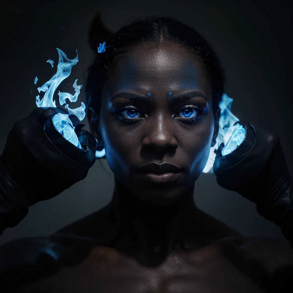1 black creature, human physique, with blue flames instead of hair, with one eye on the whole face, with gloves that have blue claws