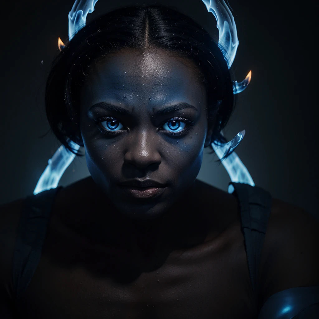  1 black creature, human physique, with blue flames instead of hair, with one eye on the whole face, with gloves that have blue claws