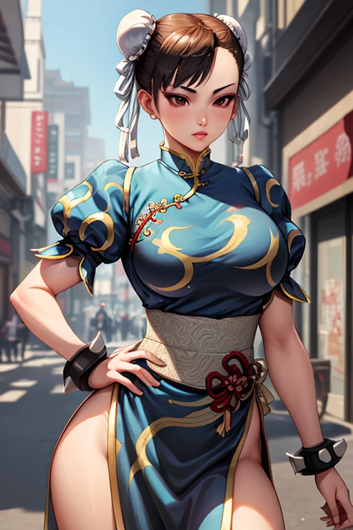 masterpiece,Highest quality, Unreal Engine, Super Resolution, Very detailed,
1 Girl, Waist, thin, (Muscular:0.8)
Round Breasts, Big Breasts, bold,  Lips parted, Observe the audience,
Are standing, sexy pose
Waist shot,
Simple background anime style, Key Visual,
Hair Bun, Blue Chinese clothing, Chunli, Street Fighter,