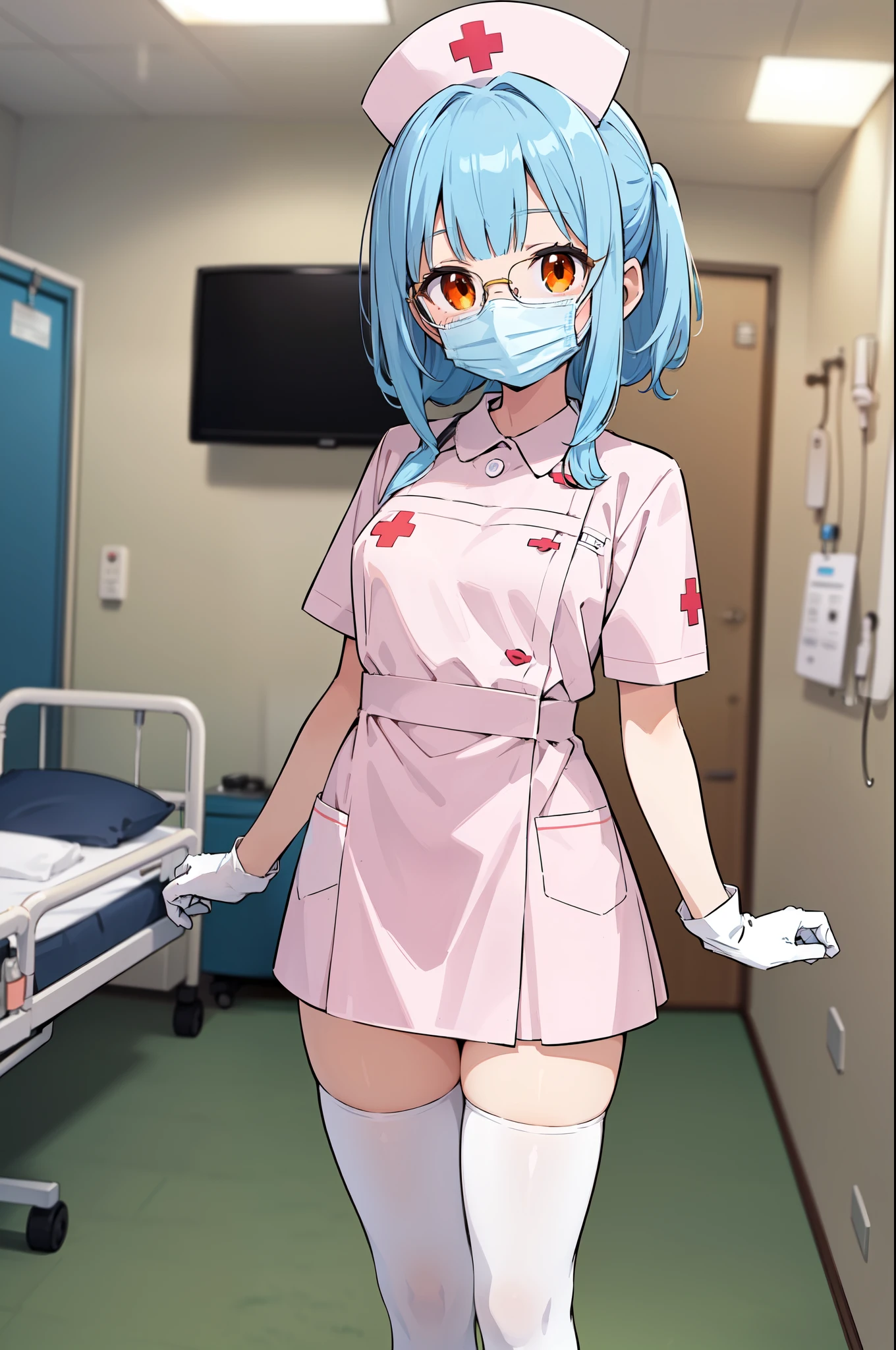 1woman, solo, nurse, white nurse cap, white nurse uniform, ((white legwear, zettai ryouiki)), white gloves, glasses, blue hair, orange eyes, pink lips, no impression, standing, ((hospital room)), sharp outline, short sleeves, mature female, 35 years old, best quality, masterpiece