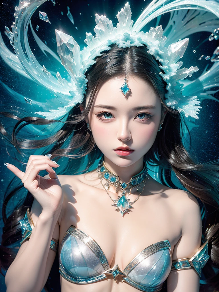 Painting of beautiful young woman,jewelry,Mysterious Wave. 3d. white,shallow. The beauty of cosmic fusion. Nebula Reflection Surrealism. Glass texture,translucent,crystallization