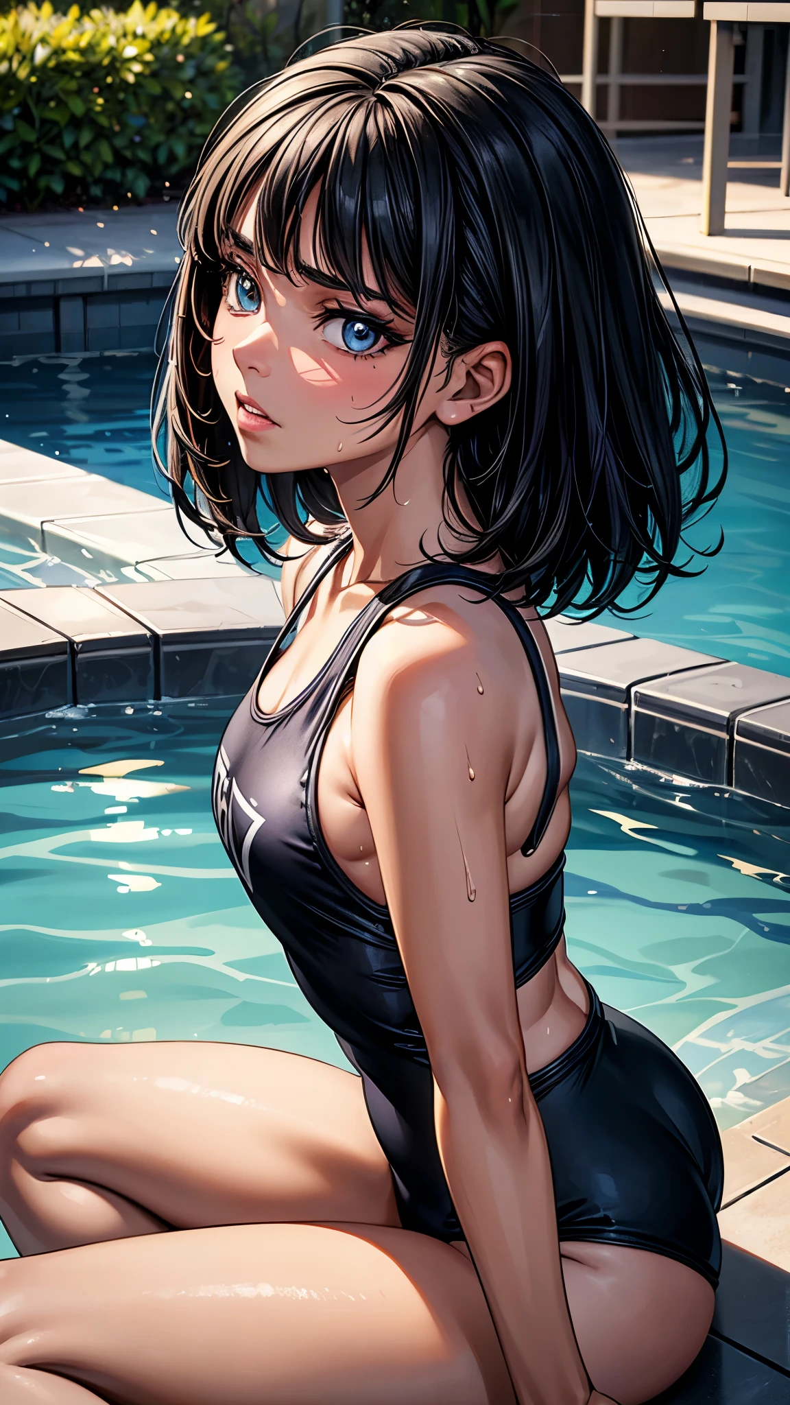 (From above2.0,from side),beautiful detailed eyes, beautiful detailed lips, extremely detailed eyes and face, longeyelashes, 1 girl, face close up, poolside,16 years old, sweat, dark skin color, (very short black hair),displeased, sulky, school swimsuit,dark blue color, school, sitting on the ground,spread legs,best quality, 4k, 8k, highres, masterpiece:1.2, ultra-detailed, realistic, photorealistic, photo-realistic:1.37, HDR, UHD, studio lighting, ultra-fine painting, sharp focus, physically-based rendering, extreme detail description, professional, vivid colors, bokeh, portraits