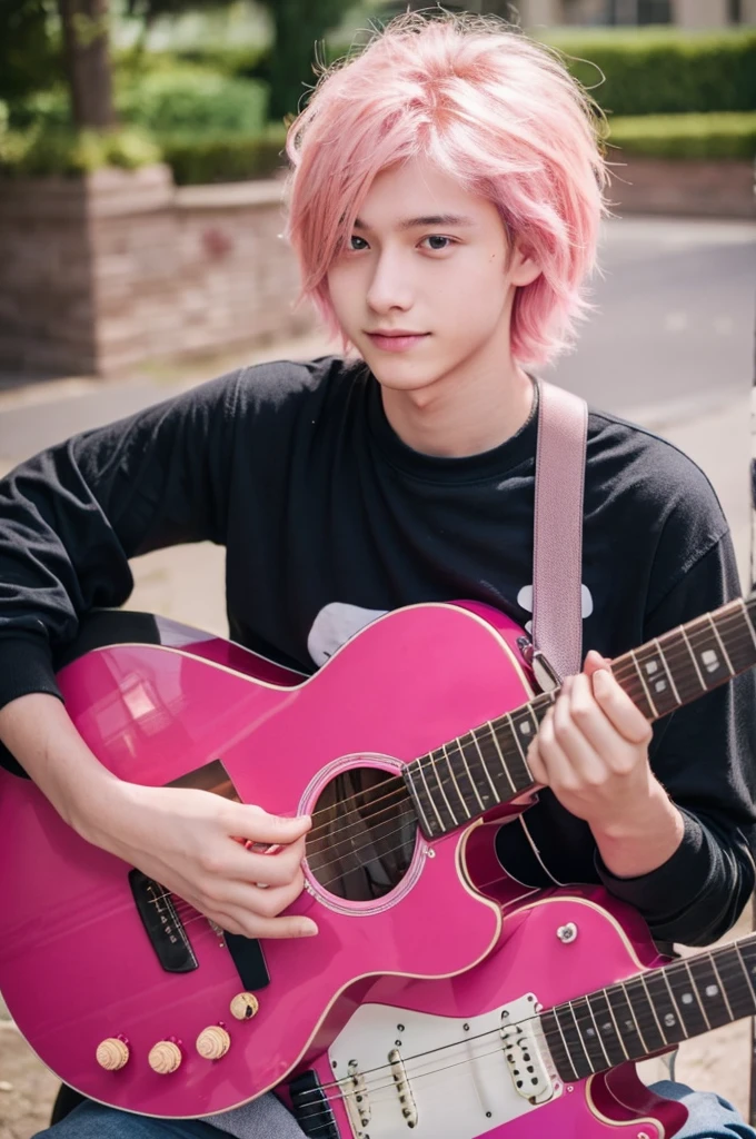 A young 18 year old man, playing guitar, pink hair