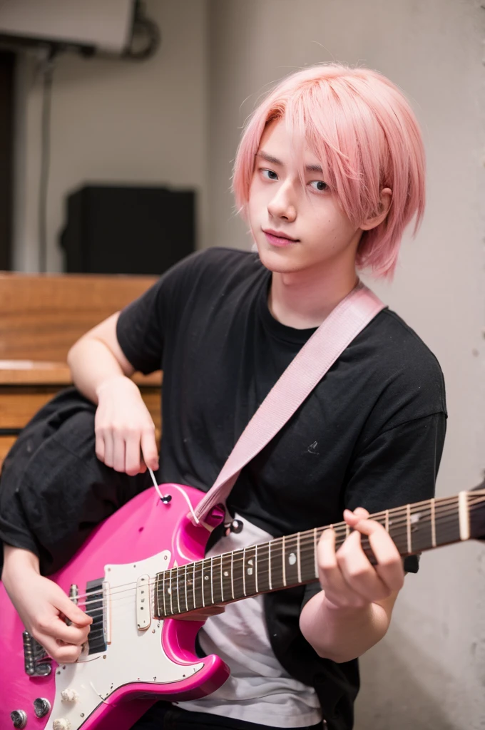 A young 18 year old man, playing guitar, pink  hair