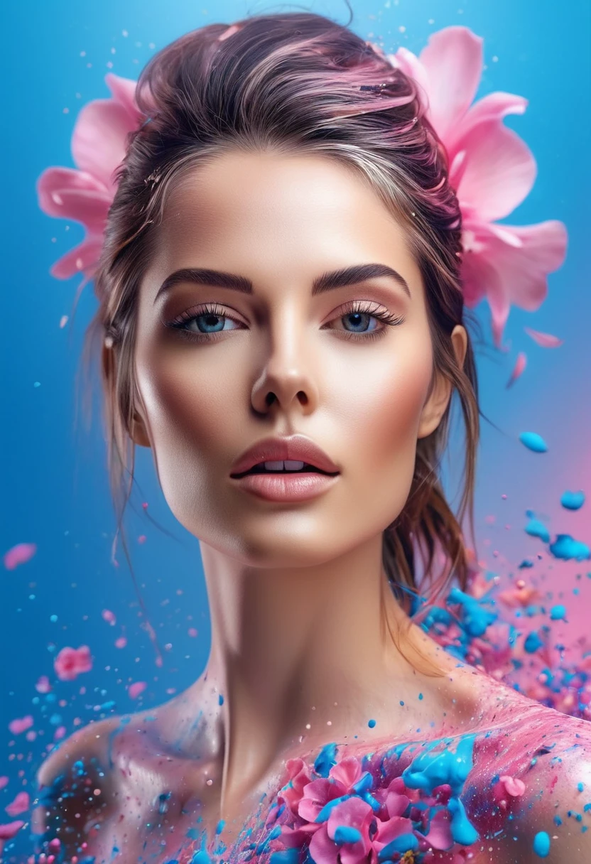Photorealistic image of a woman, abstract background, blue and pink gradient,  made of flowers, paint spilling , ultra clear