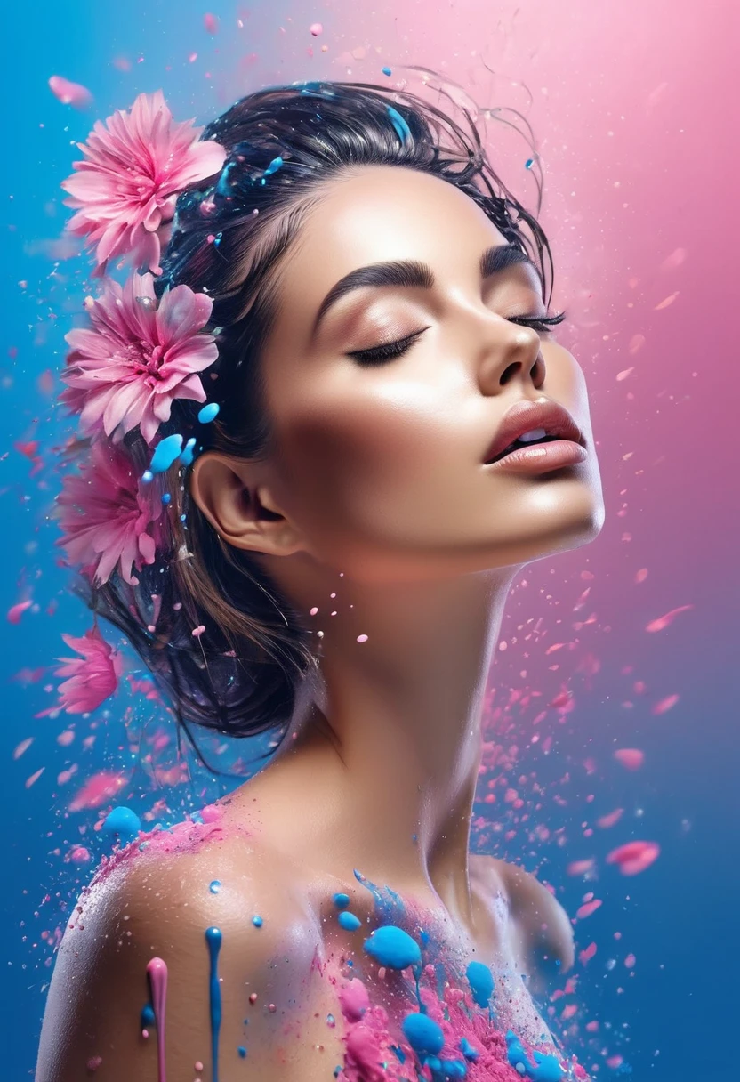 Photorealistic image of a woman, abstract background, blue and pink gradient,  made of flowers, paint spilling , ultra clear