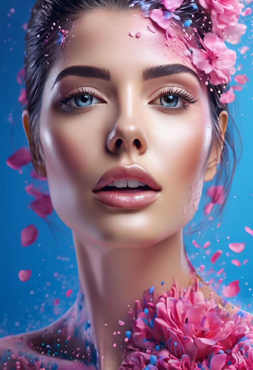 Photorealistic image of a woman, abstract background, blue and pink gradient, made of flowers, paint spilling , ultra clear
