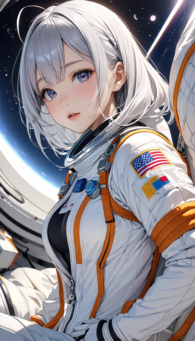 best quality, ultra high res, (photorealistic:1.4), depth of field ,beautiful face, (PureErosFace_V1:0.8), half body, | | 1girl, medium breast, (white hair:1.3), short hair, innocent smile, natural make up, | | model pose, | | (astronaut suit:1.3), (blue armor:1.3), intricate design, | | space background, star_\(sky\), moon light, night time, | |