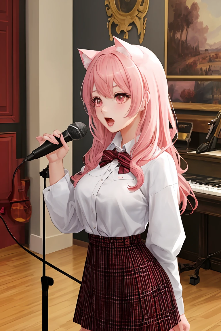 score_9,score_8_up,score_7_up,masterpiece, top quality, best quality, official art, beautiful and aesthetic, animation, , 1girl with cat ear, perfect figure, pink hair, complicated details, music room, standing in front of the microphone, wearing a beautiful skirt, singing with a girlish voice ,