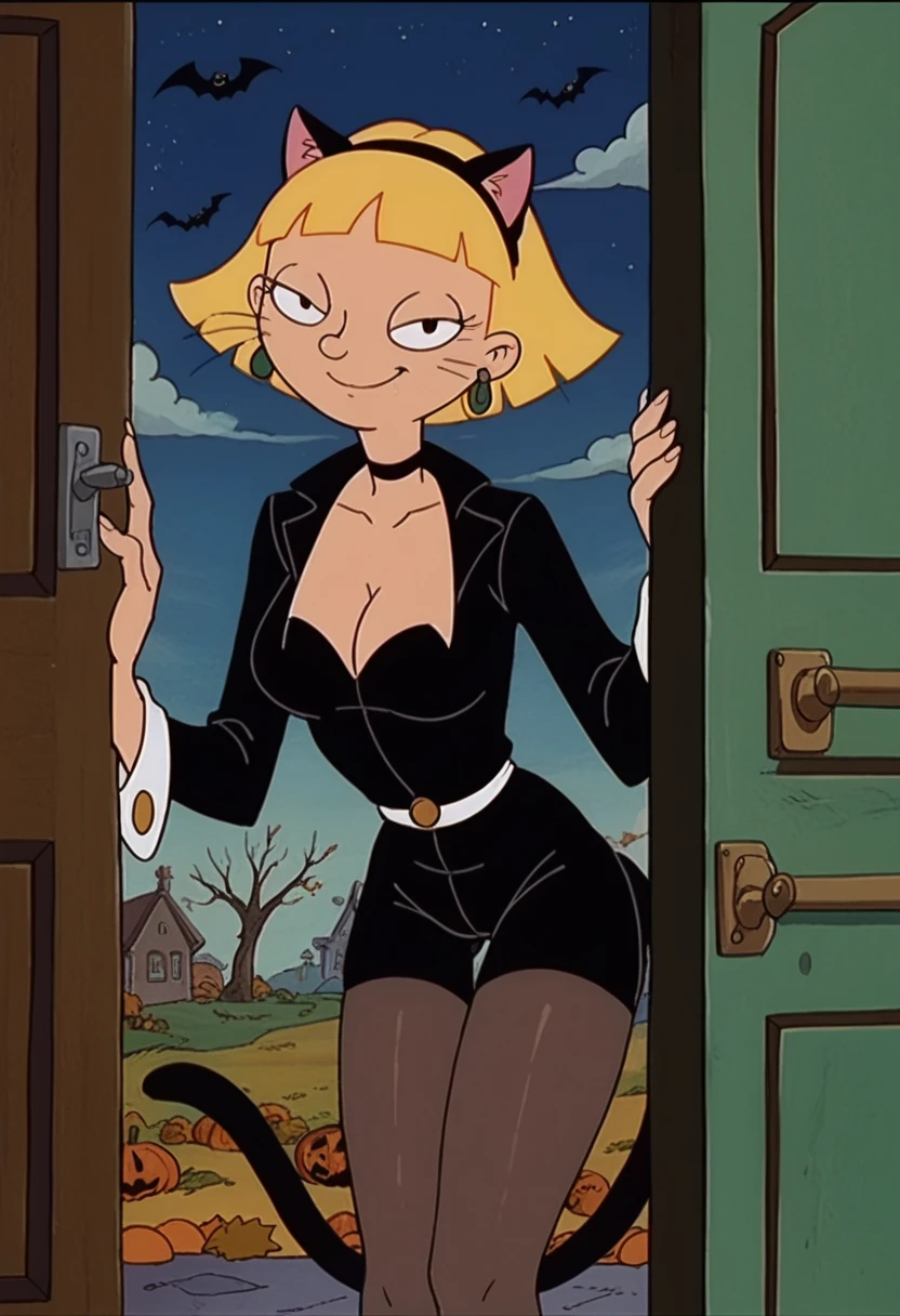 olga pataki, blonde, black headband, earrings, short hair, cat ears, painted face, whiskers, halloween, sexy pose, see through thigh black catsuit, tail, smile, half-closed eyes, costum, front door, looking at viewer, retro style, see through nipples, see through pussy