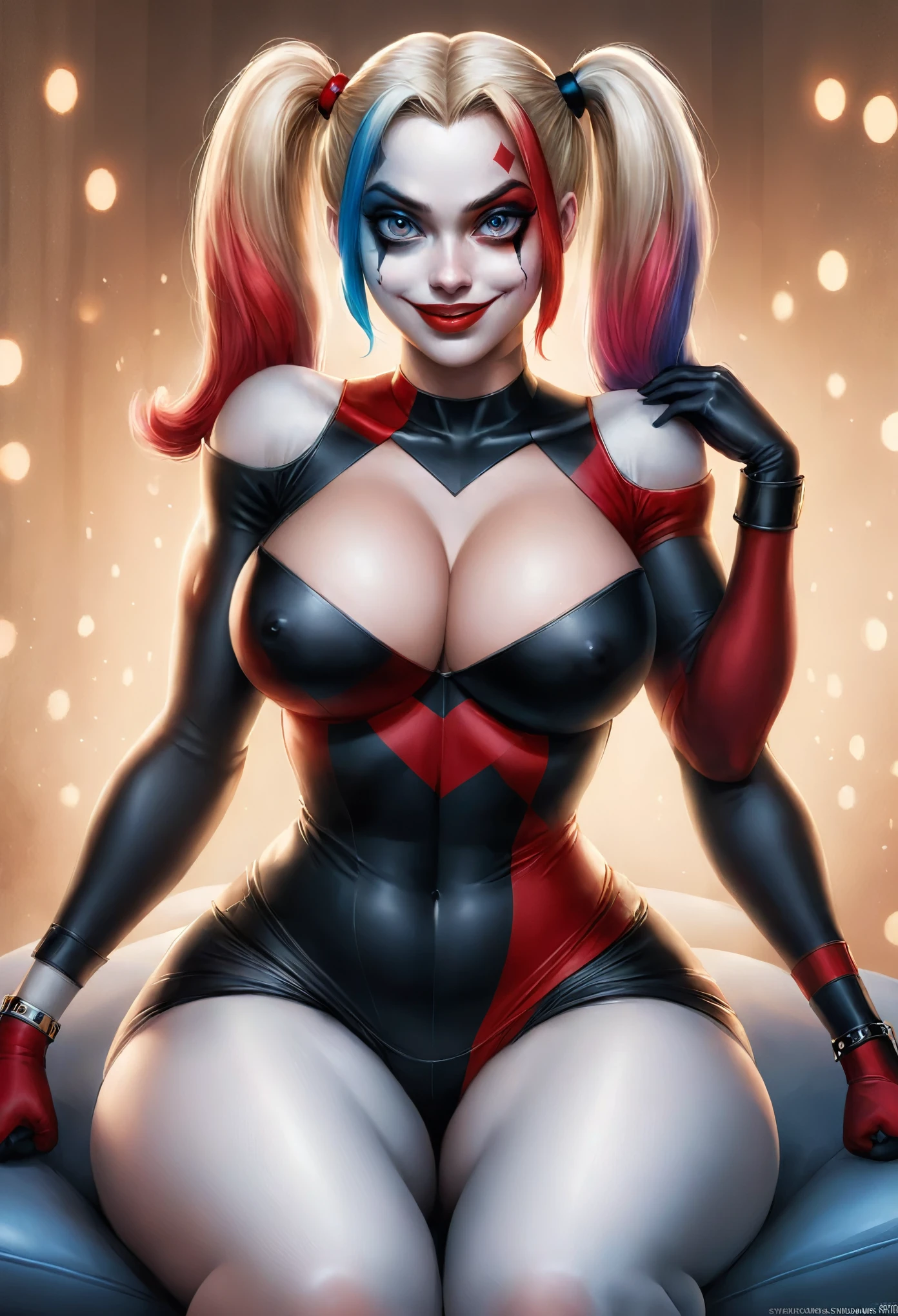 portrait of {MARGOT ROBBIE (Harley Quinn)}, Action {Face sitting SD1.5 (Girl sitting}, smooth soft skin, big dreamy eyes, big-ass, swollen vagina, cute hair, whole body, Symmetrical, anime wide eyes , soft lighting, face detailed, Porto Makoto Shinkai, stanley artgerm lau, whoa, rossdraws, conceptual artwork, digitalpainting, looking at the camera