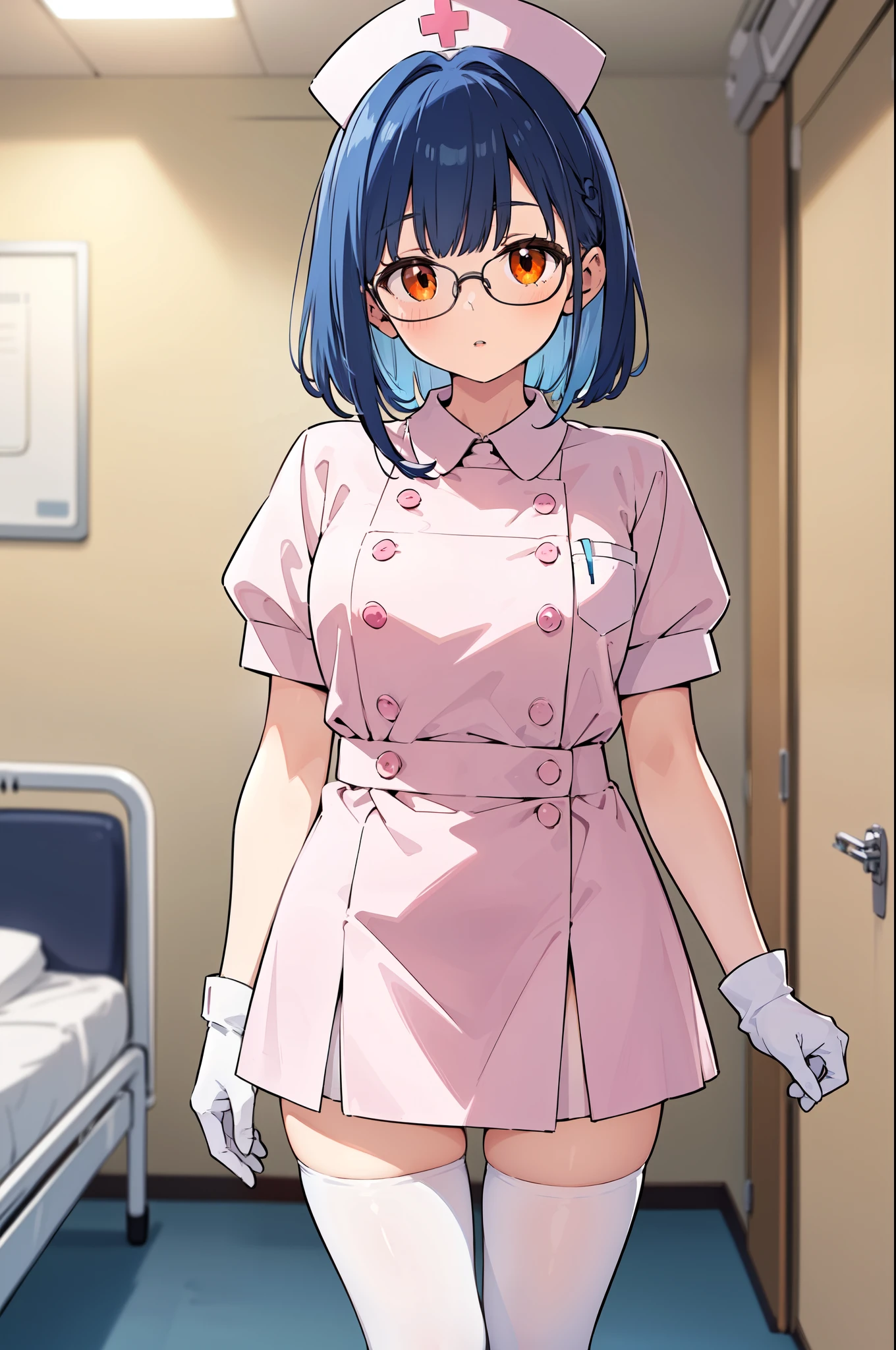 1woman, solo, nurse, white nurse cap, white nurse uniform, ((white legwear, zettai ryouiki)), white gloves, glasses, blue hair, orange eyes, pink lips, no impression, standing, ((hospital room)), sharp outline, short sleeves, mature female, 35 years old, best quality, masterpiece