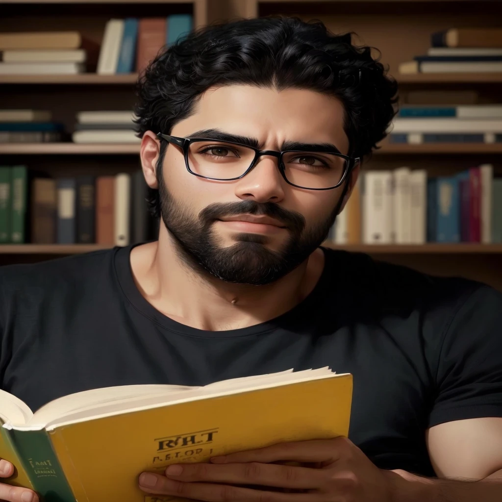 arafed man with glasses reading a book in a library, um retrato de Rahul Kohli, Portrait in medium plane, man with glasses, book portrait, reading in the library, he is holding a big book, reading a book, Portrait photo, wearing black-rimmed glasses, wearing reading glasses, intense knowledge, jewish young man with glasses, reddit post, serious and focused look