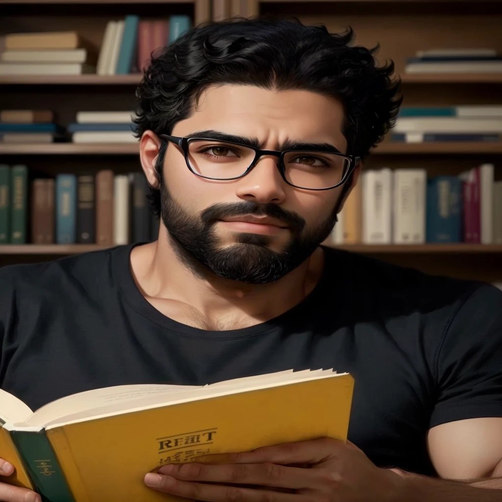 arafed man with glasses reading a book in a library, um retrato de Rahul Kohli, Portrait in medium plane, man with glasses, book portrait, reading in the library, he is holding a big book, reading a book, Portrait photo, wearing black-rimmed glasses, wearing reading glasses, intense knowledge, jewish young man with glasses, reddit post, serious and focused look