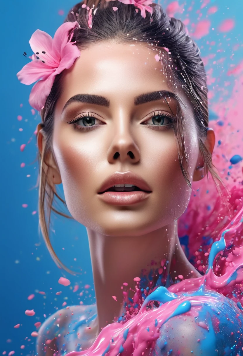 Photorealistic image of a woman, abstract background, blue and pink gradient, made of flowers, paint spilling , ultra clear
