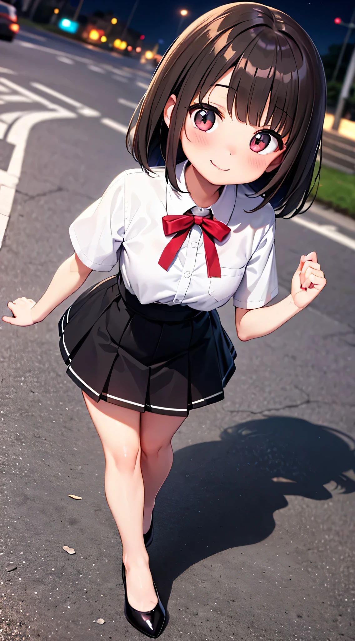 {Highest quality}, {Super beautiful},{Ultra fine},{Best illustration},Brown Hair,Hime cut,semi-long,Bangs,Standing Woman,Uniform cap,White Shirt,Short sleeve,Long black skirt,Night Park,Embarrassed,smilingly,Blushing,Slender women, A woman wearing plain black pumps,Bare feet and pumps,From an angle,From above