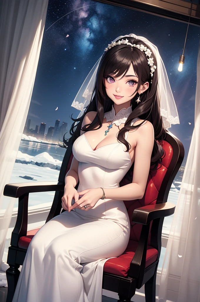 (A masterpie, bestquality, Highest grade, Official Art, aesthetic:1.2), (1girl:1.3), Straight long hair, brown Hair, Very fine, portrait, Watching the viewer, Seul, (fulllllbody:0.6), detailed background, crose up, Luminous eyes, Beautiful purple eyes, Pale pink lips, soft lips, (Cold Arctic Winter theme:1. 1), wedding dress, bride, Beautiful smile, Mysterious, sitting in chair, White romantic long dress,Colorful bouquets of flowers, Jewelry curtain on background, Dark mystical lighting, shadows, Petals flutter, Starry Night, dutch angle