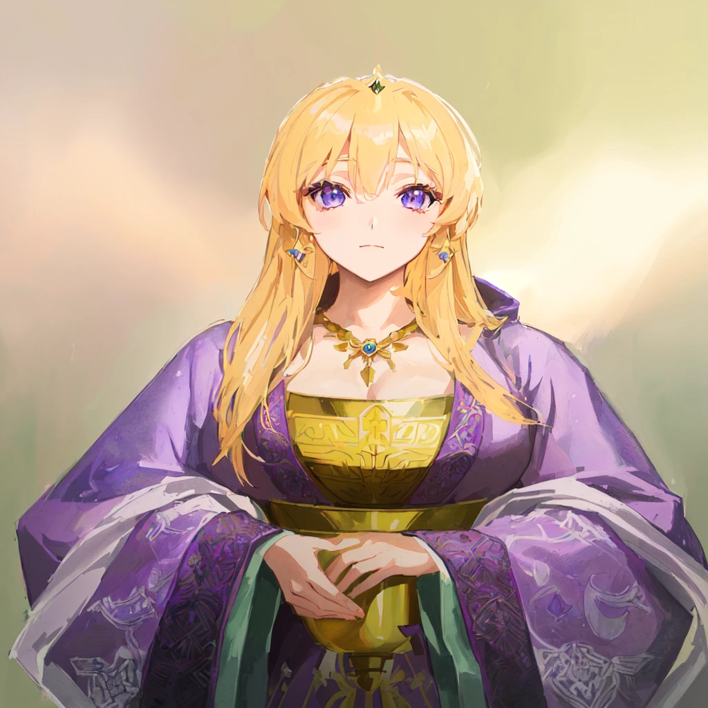 Wearing a purple robe、Cartoon image of a woman holding a bowl, ((Beautiful fantasy queen)), Produced in collaboration with Anime Painter Studio, Anime Goddess, Artoria Pendragon, Portrait of the Knights of the Zodiac, elfic priestess, ((Wearing noble robes)), Anime style like fate/overnight, Beautiful fantasy queen, In the anime painter studio
