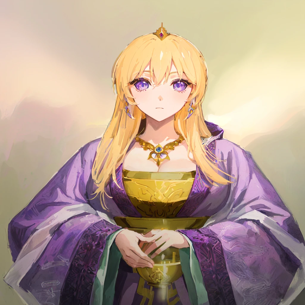 Wearing a purple robe、Cartoon image of a woman holding a bowl, ((Beautiful fantasy queen)), Produced in collaboration with Anime Painter Studio, Anime Goddess, Artoria Pendragon, Portrait of the Knights of the Zodiac, elfic priestess, ((Wearing noble robes)), Anime style like fate/overnight, Beautiful fantasy queen, In the anime painter studio