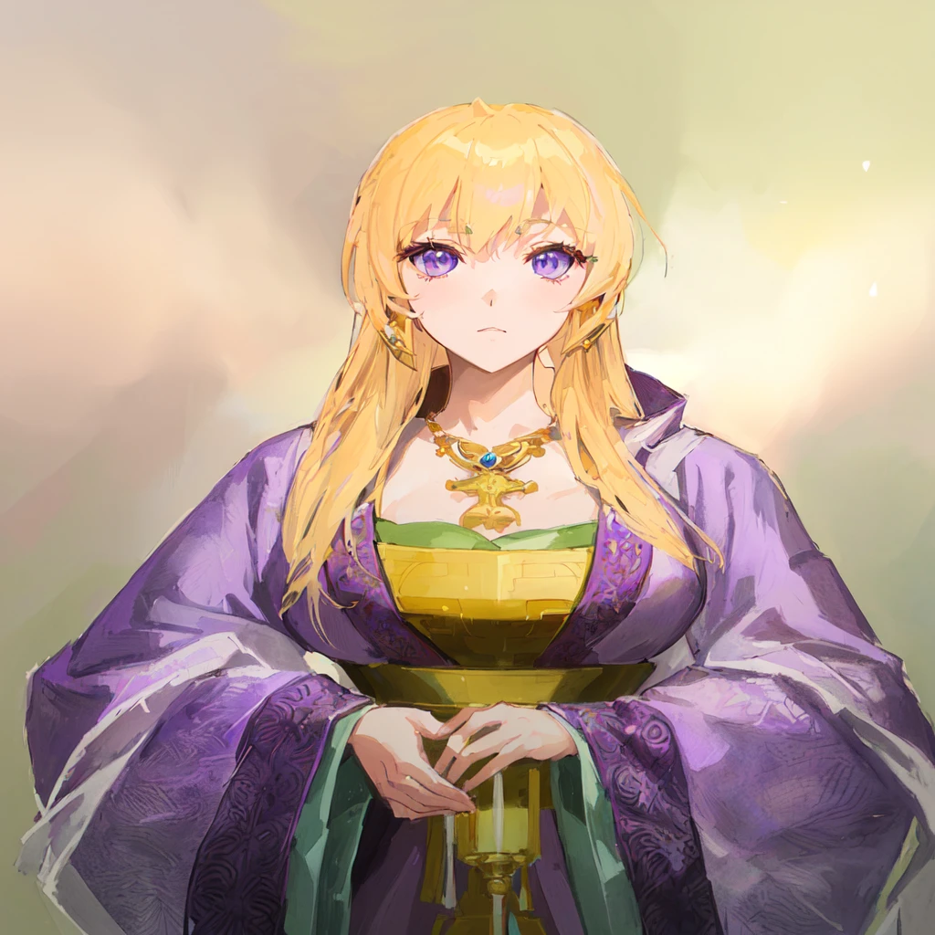 Wearing a purple robe、Cartoon image of a woman holding a bowl, ((Beautiful fantasy queen)), Produced in collaboration with Anime Painter Studio, Anime Goddess, Artoria Pendragon, Portrait of the Knights of the Zodiac, elfic priestess, ((Wearing noble robes)), Anime style like fate/overnight, Beautiful fantasy queen, In the anime painter studio