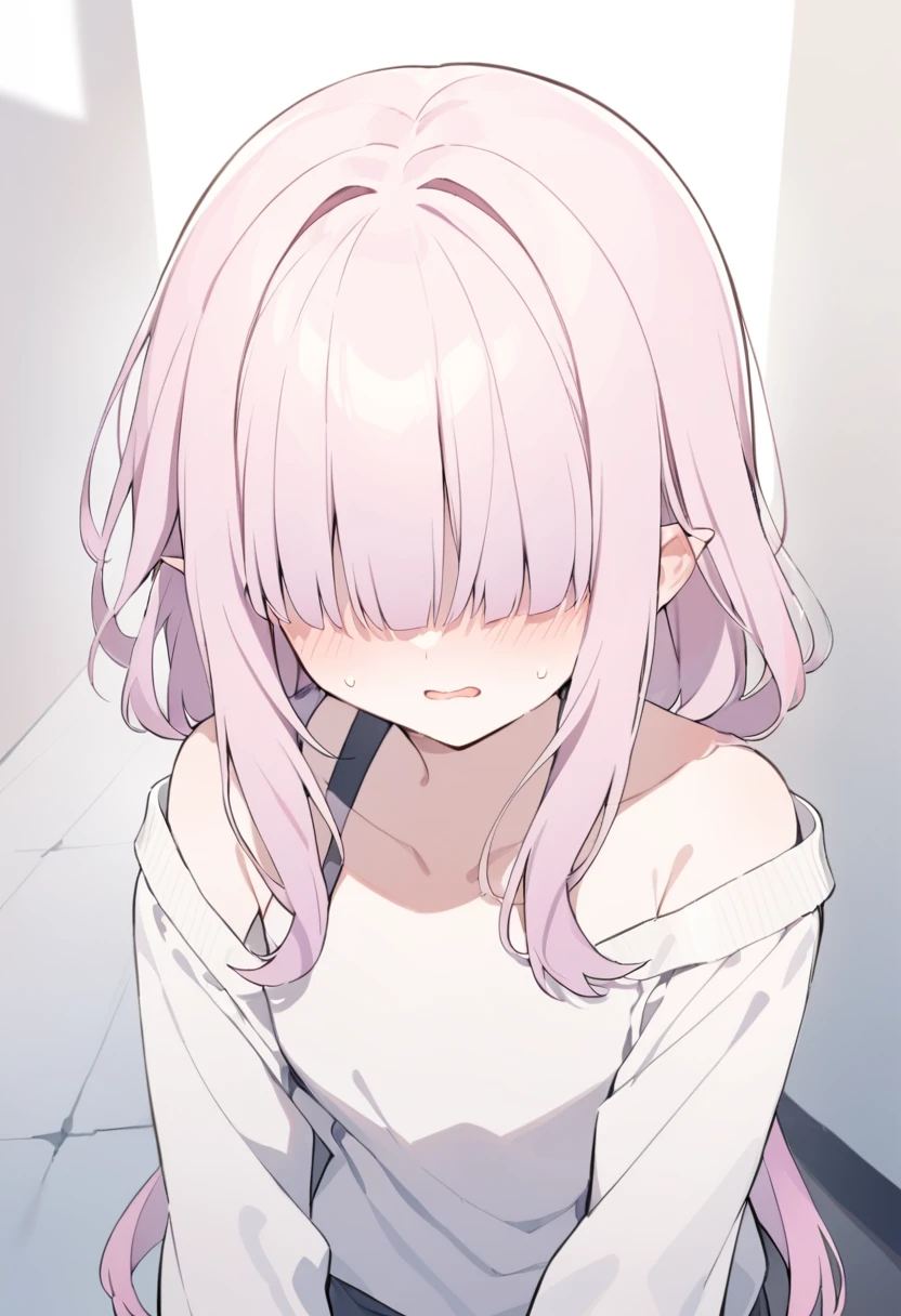 1 girl, crying, hysterics, tears, red face, closed her eyes, opened her mouth wide, splashes of tears, panic attack, is sitting, pressed her legs, pressed her knees, поза is sitting, pass background