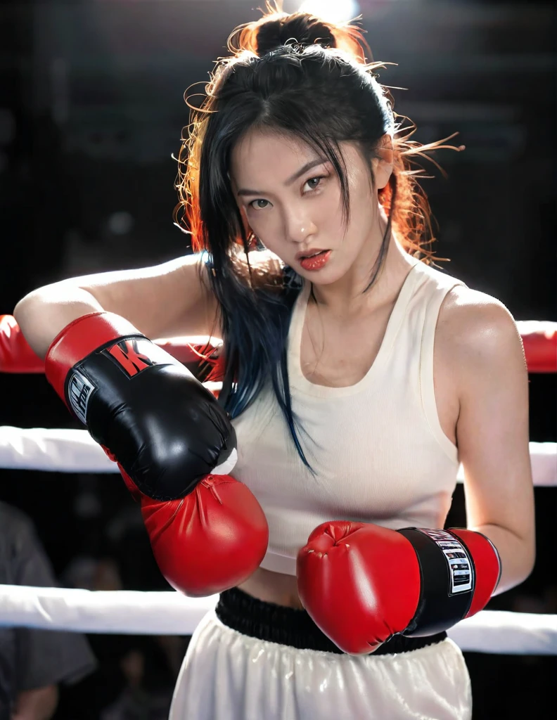 1girl, seductive asian girl, sheer white boxing dress, black messy hair, braless, sweated face, perfect body, dynamic pose, boxing ring, vibrant red boxing gloves, detailed expressive face, cinematic lighting, vibrant colors, athletic, athletic outfit, provocative, boxing, (best quality,4k,8k,highres,masterpiece:1.2),ultra-detailed,(realistic,photorealistic,photo-realistic:1.37)