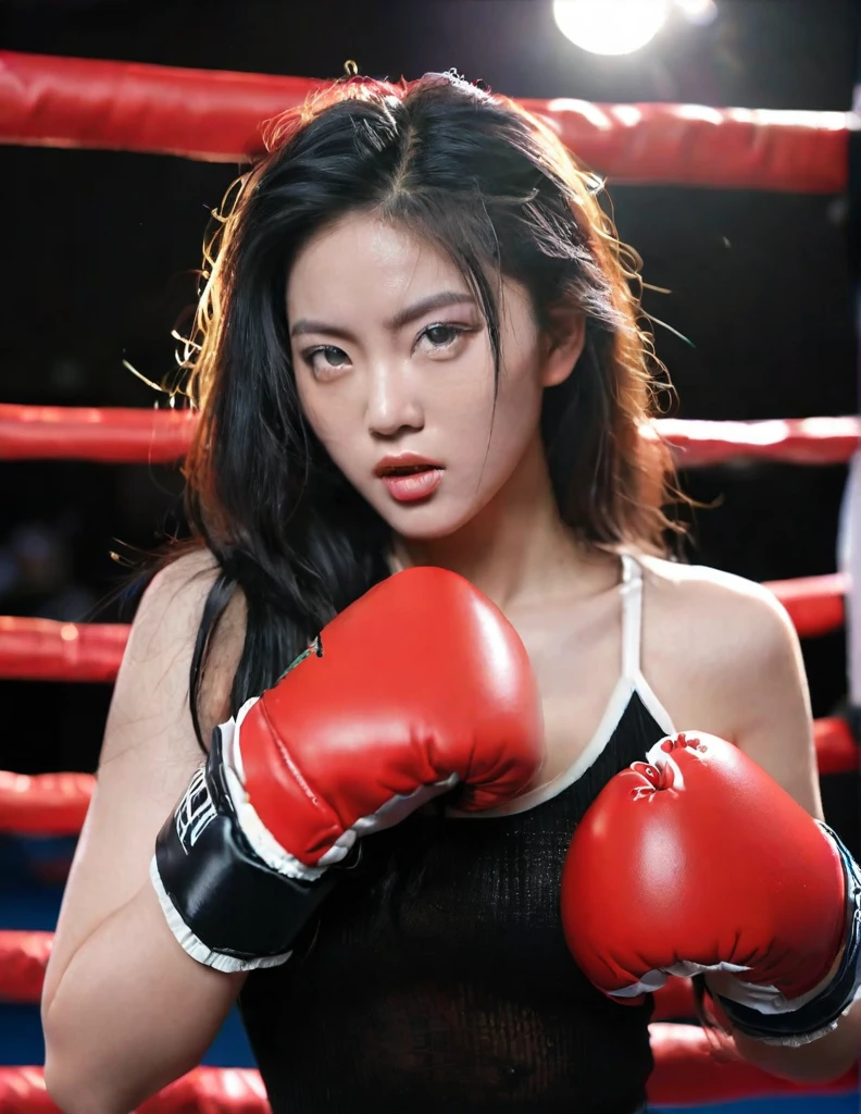 1girl, seductive asian girl, sheer white boxing dress, black messy hair, braless, sweated face, perfect body, dynamic pose, boxing ring, vibrant red boxing gloves, detailed expressive face, cinematic lighting, vibrant colors, athletic, athletic outfit, provocative, boxing, (best quality,4k,8k,highres,masterpiece:1.2),ultra-detailed,(realistic,photorealistic,photo-realistic:1.37)