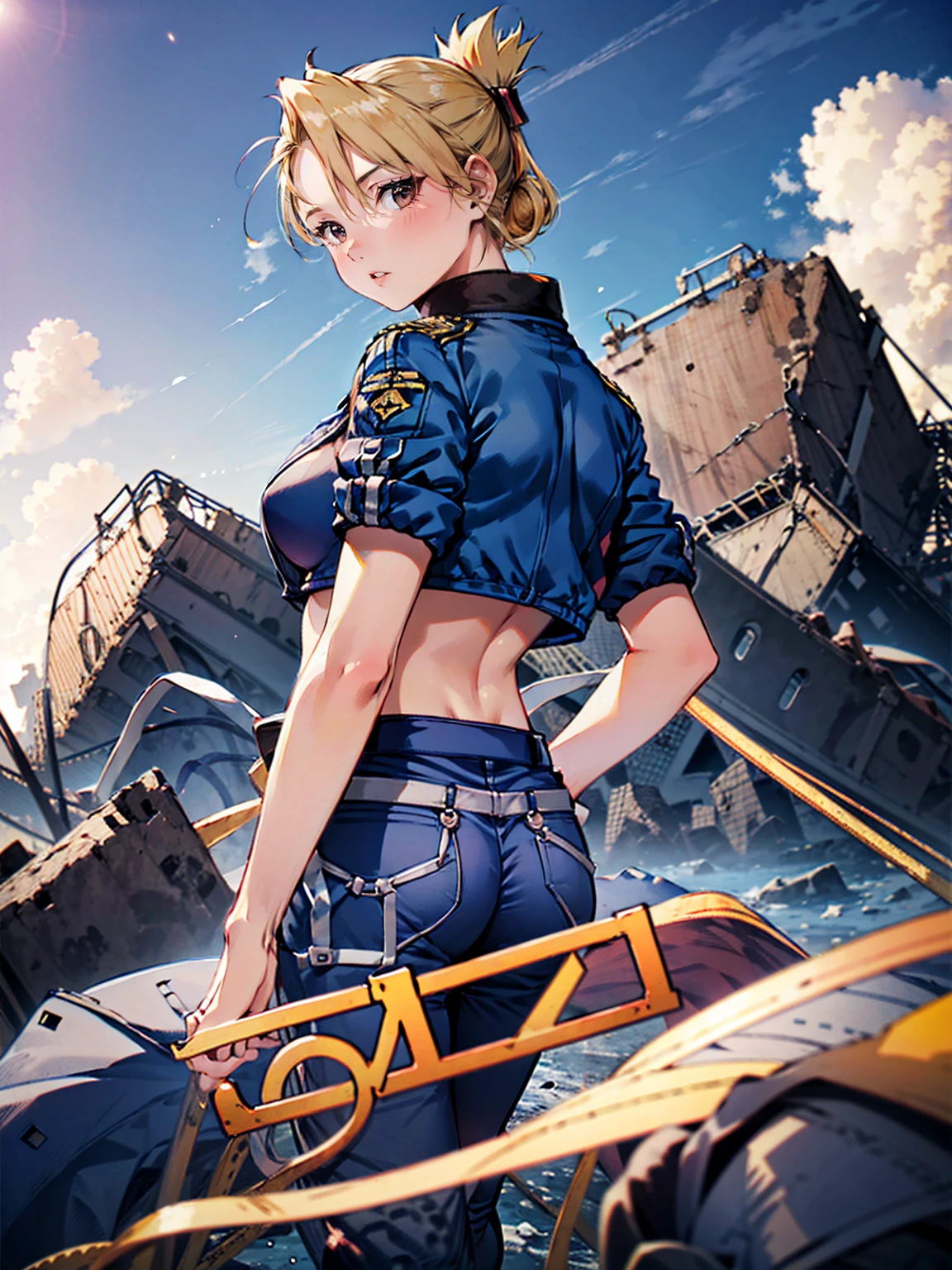 masterpiece, Highest quality, High resolution, Riza Hawkeye, One girl, (Blue jacketの下にBlack innerwearを着ている), Folded ponytail, Brown eyes, , (uniform, Blue jacket, Blue pants), ,Big Breasts, Black innerwear
