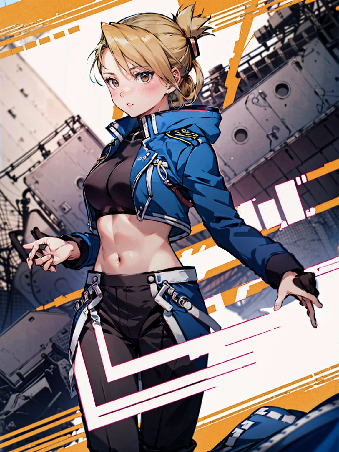 masterpiece, Highest quality, High resolution, One girl, (Blue jacketの下にBlack innerwearを着ている), Folded ponytail, Brown eyes, , (uniform, Blue jacket, Blue pants), ,Big Breasts, Black innerwear, (
