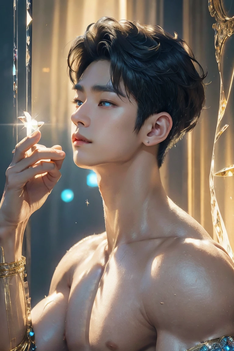 (photorealistic, masterpiece, best quality, highres, highly detailed), a young and handsome man posing nude surrounded by crystal, personification of crystal as a man, 18-year-old man, nude, penis, vibrant colors, realistic lighting, sparkling reflections, radiant and transparent skin, slim athletic physique, intense gaze, striking features, well-defined jawline, tousled hair, confident and relaxed posture, artistic composition, elegant and graceful pose, captivating and alluring expression, the man's body covered with delicate and intricate crystals, creating a mesmerizing and ethereal effect, immaculate attention to detail, flawless rendering of textures, harmonious blend of realism and fantasy, incredible depth and dimension, attention-grabbing contrast between the smoothness of the man's skin and the texture of the crystals, seamless integration of the human form with the crystal surroundings, evoking a sense of grace, beauty, and mystery, powerful symbolism of purity and strength embodied by the crystal elements, expert use of shadows and highlights to enhance the three-dimensional quality of the image, masterful use of color to create a dreamlike atmosphere, refined and subtle nuances of light and shade, creating a visually stunning and emotionally impactful scene, exquisite craftsmanship and skillful execution, capturing the essence of both the human form and the ethereal beauty of crystals, creating an unforgettable and awe-inspiring visual experience.