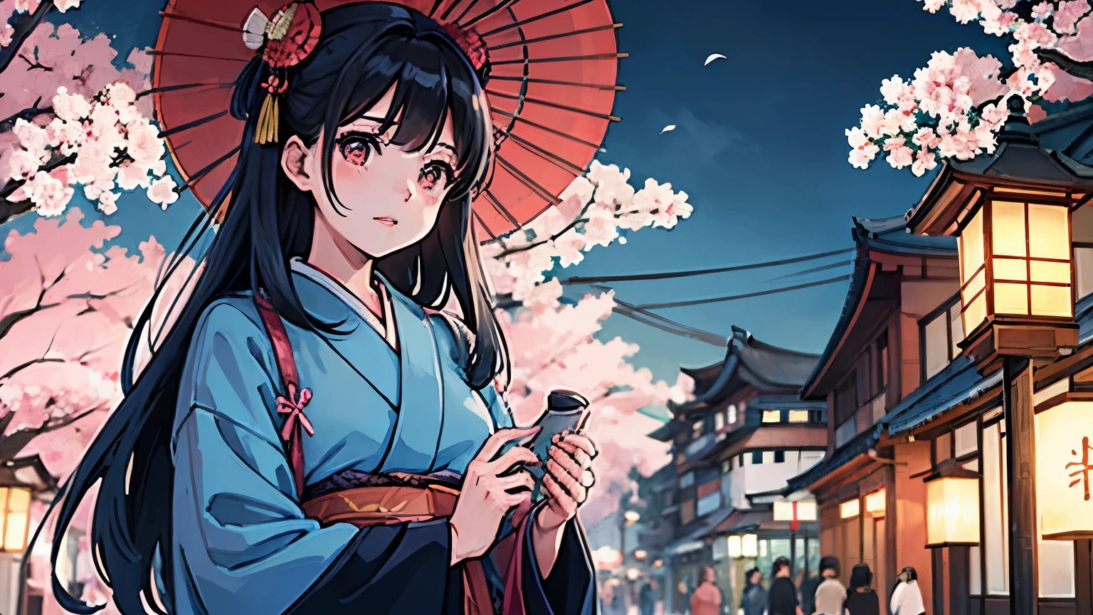 Character traits: Young Japan Beautiful Girl、Bright Eyes、Big Eyes、Long black hair、Cute clothing background: Night cityscape、Neon Light、In a quiet cafe、Romantic landscape atmosphere: Calm、relaxed、Dreamy colors: Soft pastel colors、Gentle blue and pink tones and more: Traditional elements of Japan(Cherry Blossom、Japanese umbrellas, etc.)Incorporate