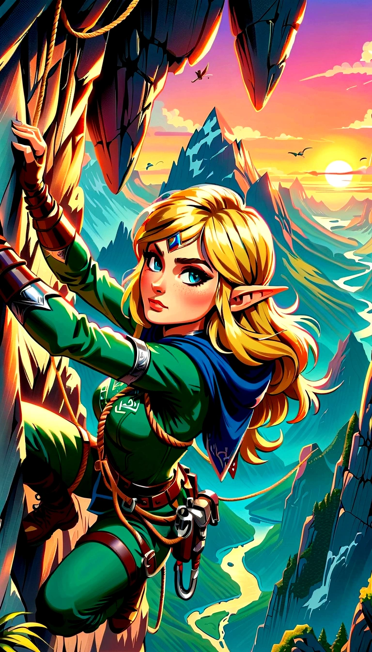 (best quality，8K，Ultra-high resolution，masterpiece)，very good，illustration，Princess Zelda，blonde，Blue Eyes，Green clothes，Rock climbing action，Steep，rope，Mountaineering，rock，Professional display，sunrise，Beautiful scenery