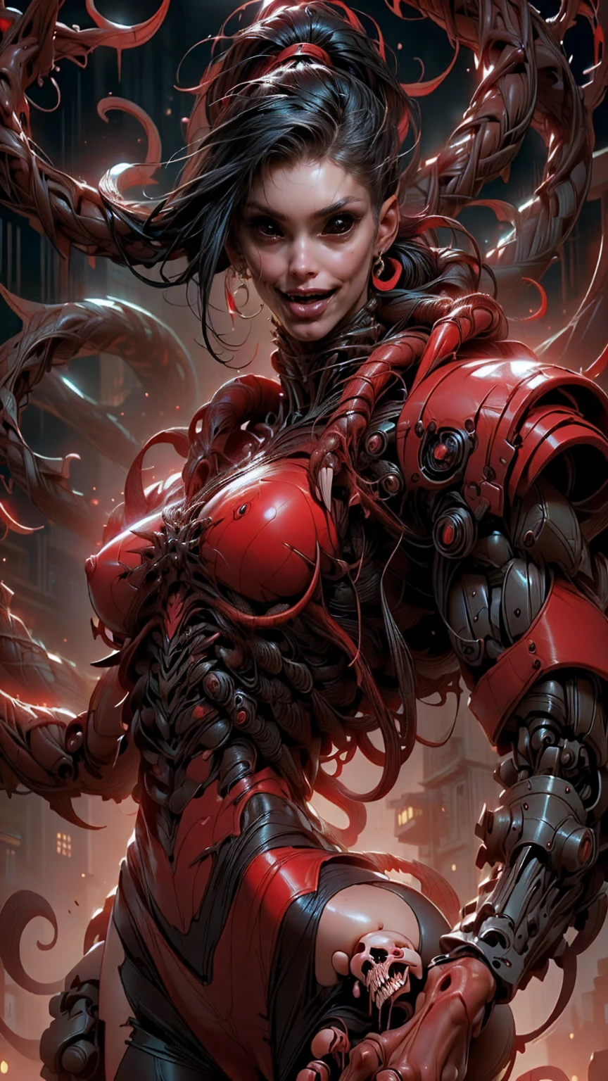 (((beautiful girl face))), (((megan fox as a beautiful vampiric girl with a muscular red carnage body))), (((red carnage anatomic muscular bio-mecha muscle suit))), (((body totally covered in muscles, veins, tendons))), (((perfect muscular anatomy))), (((wide shoulders and upper body))), (((slim waist))), (((long hair))), (((perfect hands:))),