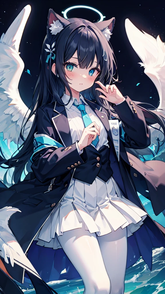 Angel Wings，Blue Halo，White pantyhose，White flowing long hair，Cat ear，Heterochromia（Left blue right yellow），female face，There are bright spots in the eyes，Female hands，White little hands，Normal fingers，flat chest，In the night sky