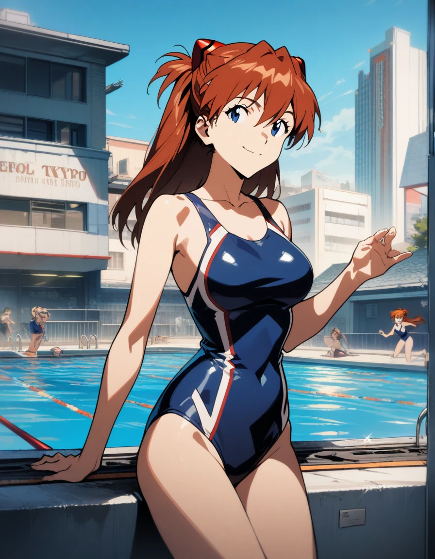 "1girl, Asuka Langley Soryu, Neon Genesis Evangelion, large breast, red hair clips, school pool,lovely smile,futuristic town, navy swimsuit, swimming in the pool,masterpiece, best quality, very aesthetic,grand plix award illustration,absurdres, detailed face, cowboy shot, daytime, neo-tokyo-3 skyline"