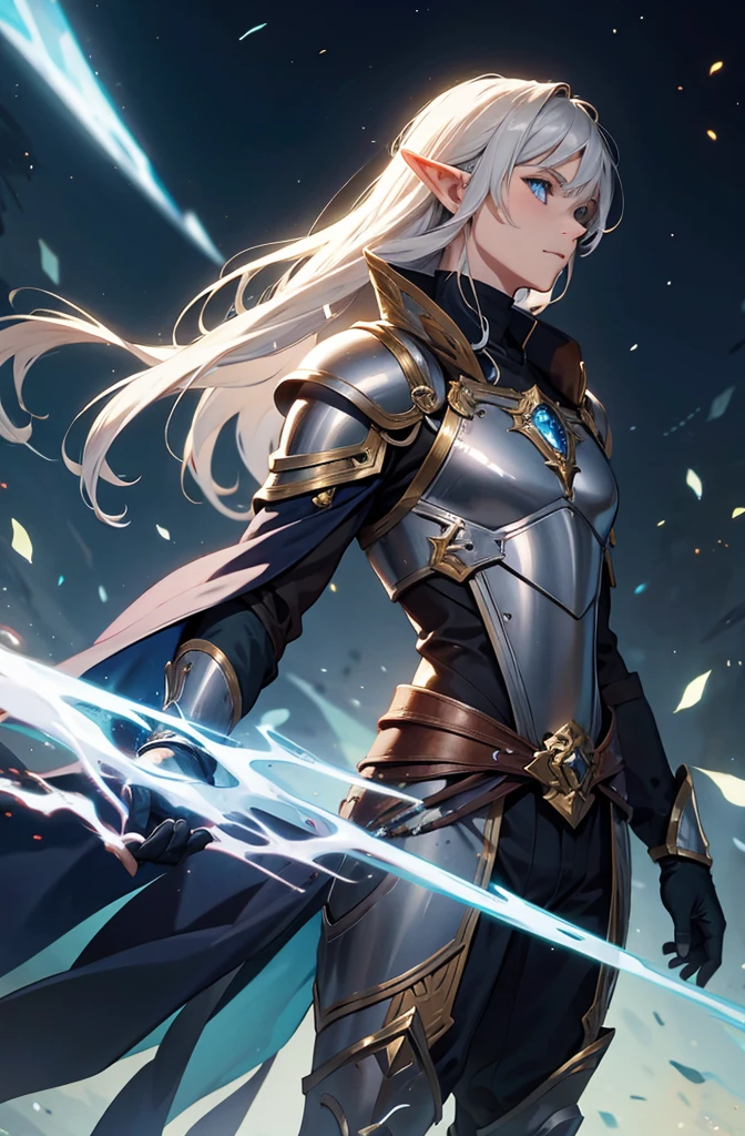 masterpiece, best quality, ultra high resolution, 1boy, elven armor, male, fantasy illustration, elf, pointy ears, older man, art by Kinema Citrus