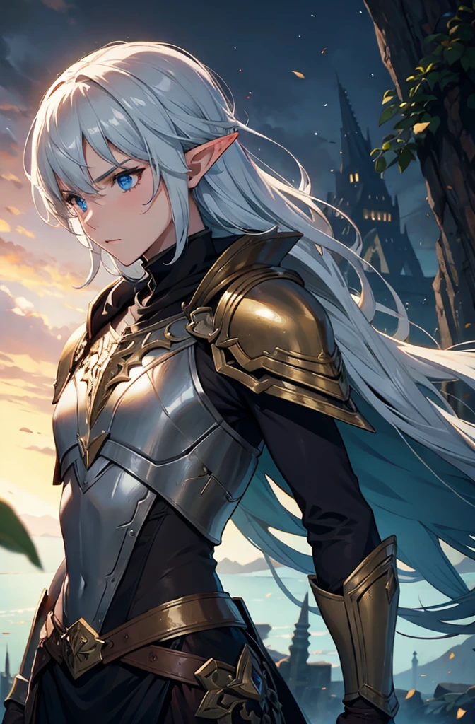 masterpiece, best quality, ultra high resolution, 1boy, elven armor, male, fantasy illustration, elf, pointy ears, older man, art by Kinema Citrus