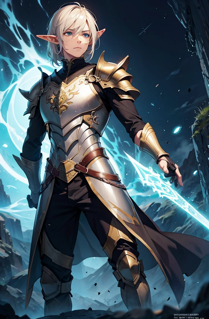 masterpiece, best quality, ultra high resolution, 1boy, elven armor, male, fantasy illustration, elf, pointy ears, older man, art by Kinema Citrus